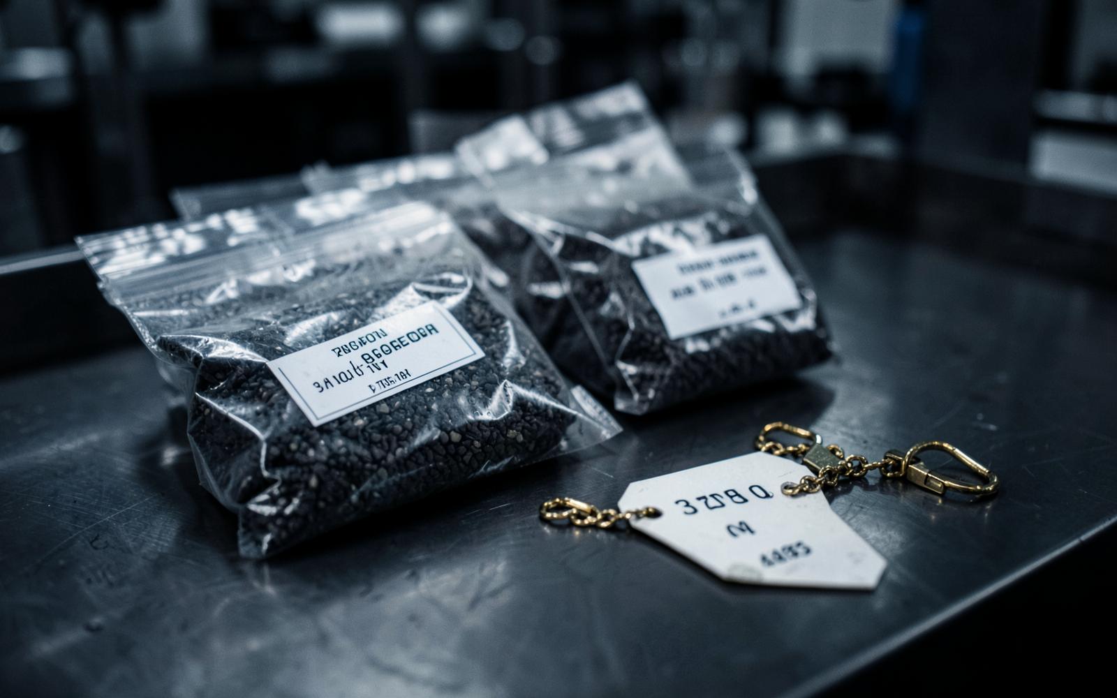 Sealed mineral sample bags with a numbered chain-of-custody tag